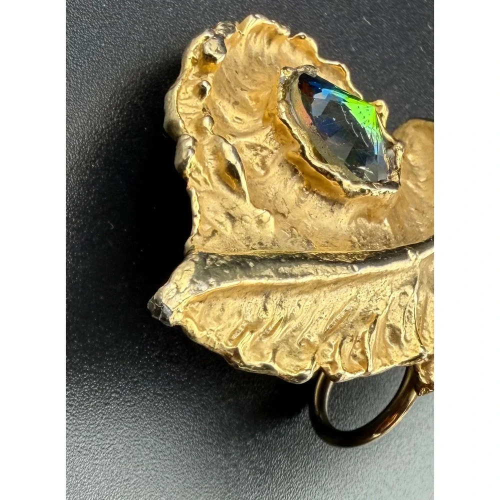 Vintage Owl‎ Face Pendant Gold Tone Aurora Borealis Rhinestone Eyes Craft READ